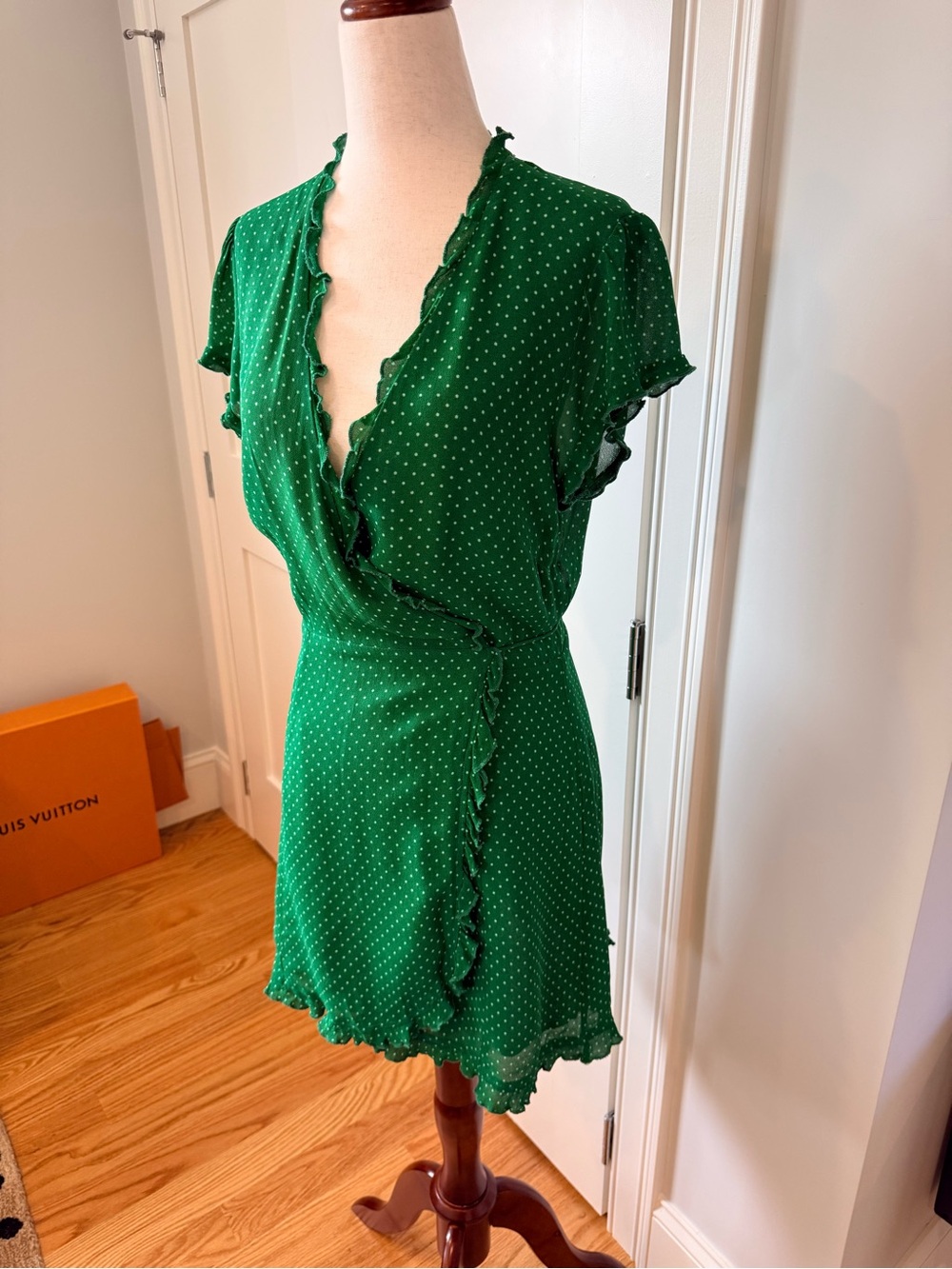 Reformation Sicilia Green Polka Dot Mini Wrap Dress - Picture 8 of 16